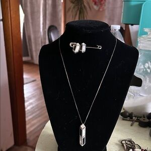 Sterling Silver onyx and mother of pearl pendant necklace and matching earrings